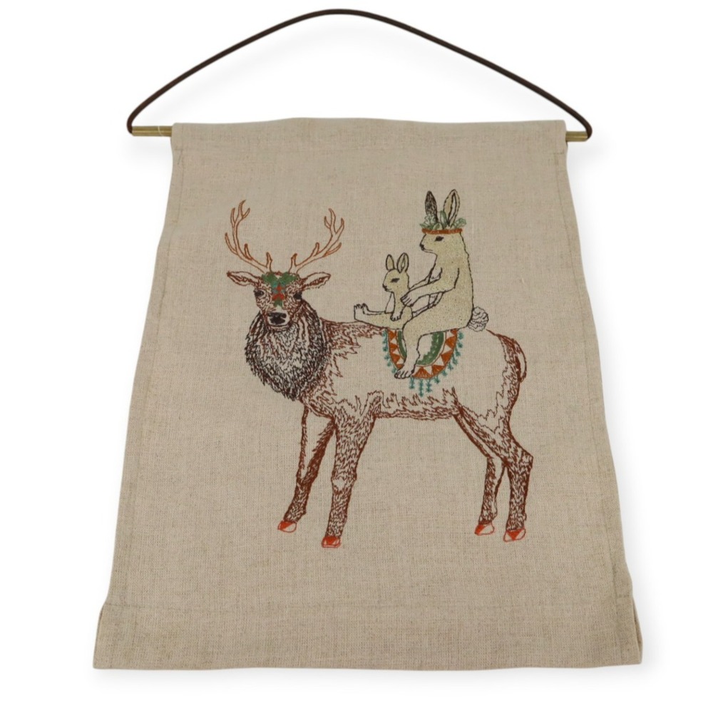 Coral & Tusk Embroidered Rabbits Riding A Deer Wall Hanging ~9x12" - Picture 1 of 6